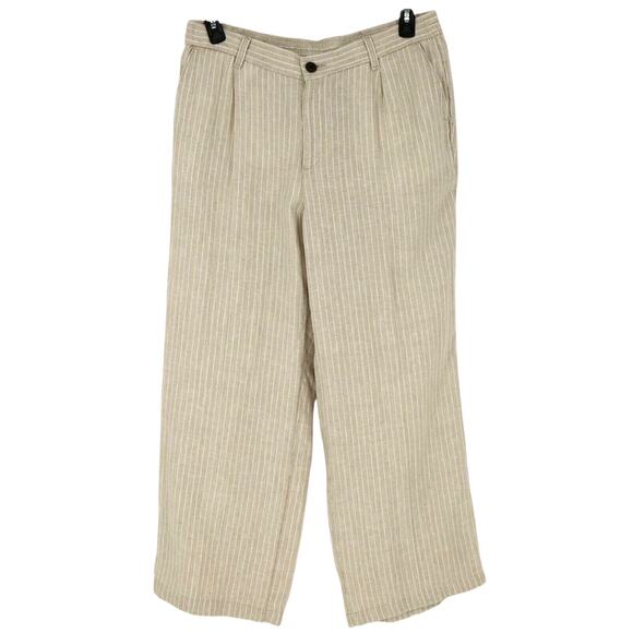 Lands End Pants Petites 14P Linen Beige White Stripe Wide Leg High Rise Coastal - Picture 1 of 13